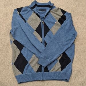 Tommy Hilfiger Blue and Gray Argyle Zip-Up Sweater